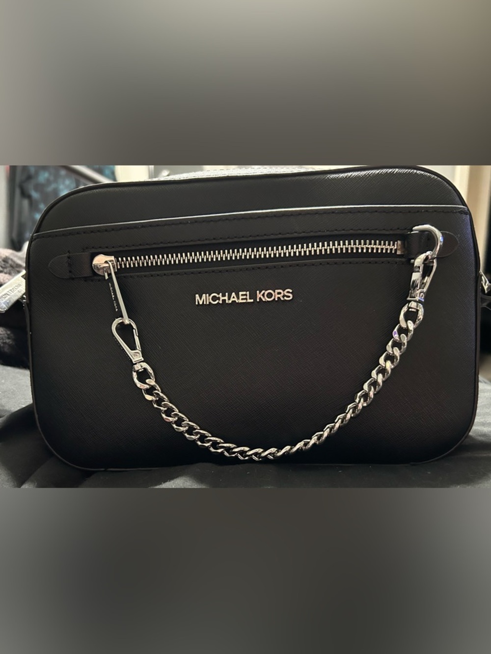 Michael Kors Black Leather Chain Crossbody Bag with Silver Hardware